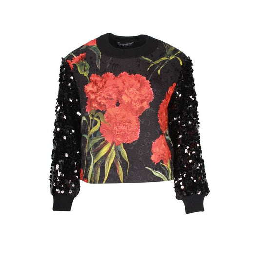 Black Jacquard Floral Print Blouse with Sequined Sleeves