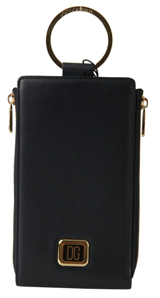 Dolce & Gabbana Men's Black Leather DG Logo Gold Zip Card Holder  Wallet