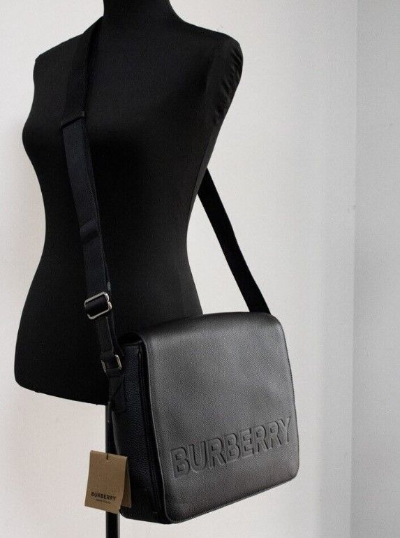 Burberry Women's Bruno Small Black Embossed Branded Pebble Leather Messenger Handbag