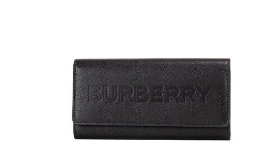 Burberry Women's Porter Black Grained Leather Branded Logo Embossed Clutch Flap Wallet