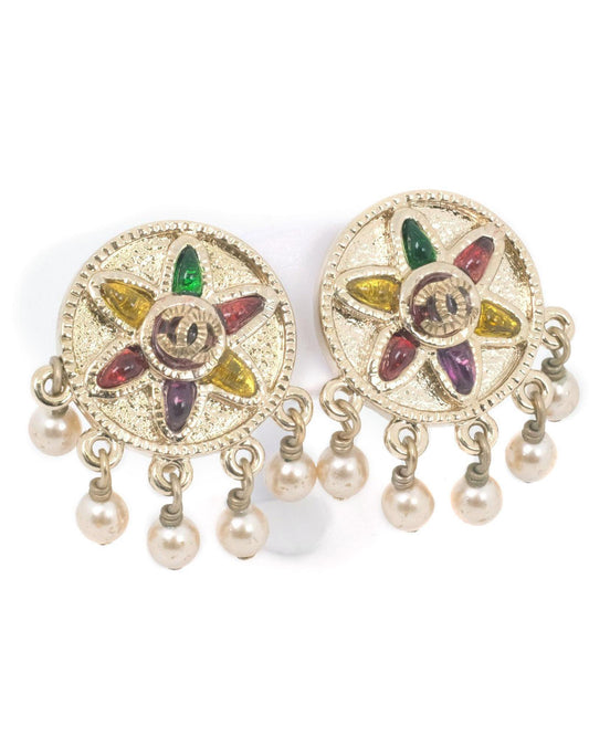 Chanel Women's Gold Faux Pearl CC Clip On Earrings in Gold