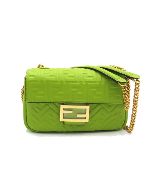 Fendi Women's Embossed Leather Chain Baguette Midi Bag in Green