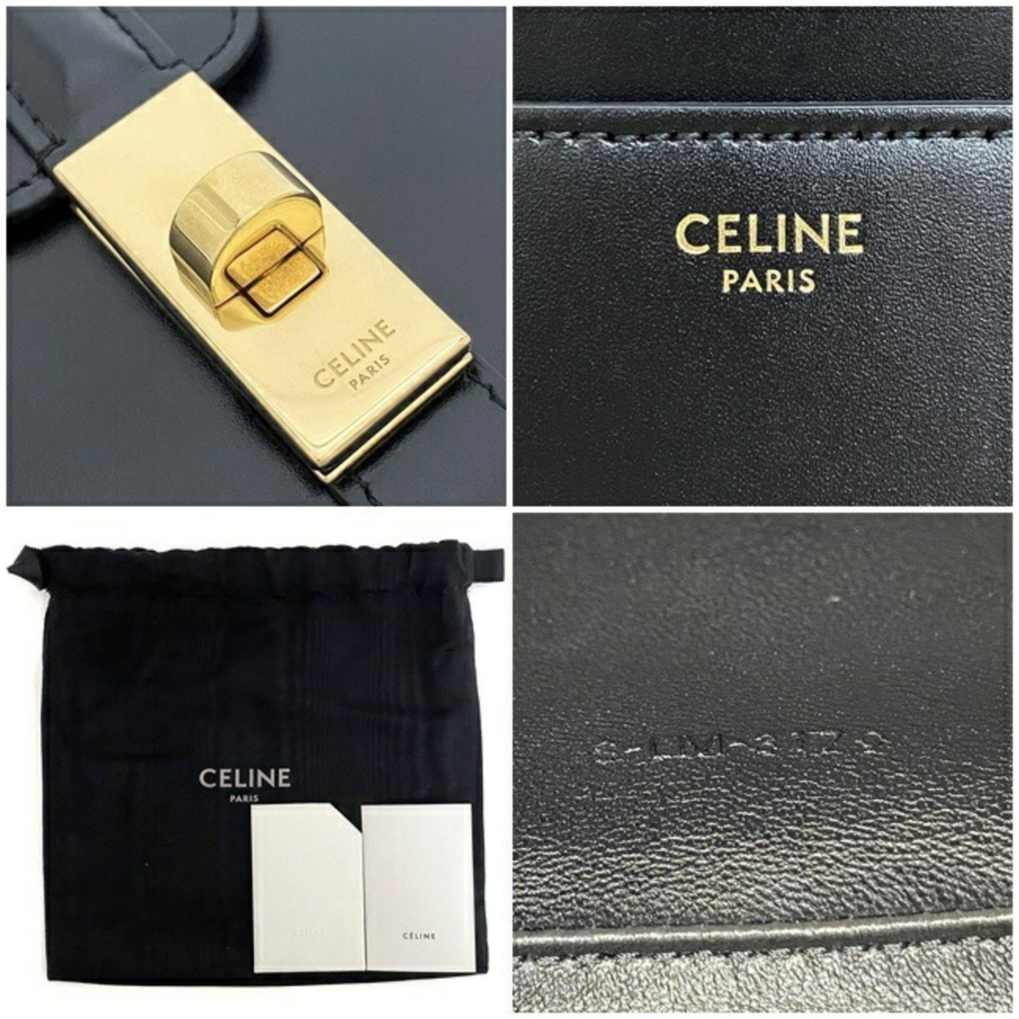 Celine Women's Elegant Black Leather Shoulder Bag with Gold Hardware in Black