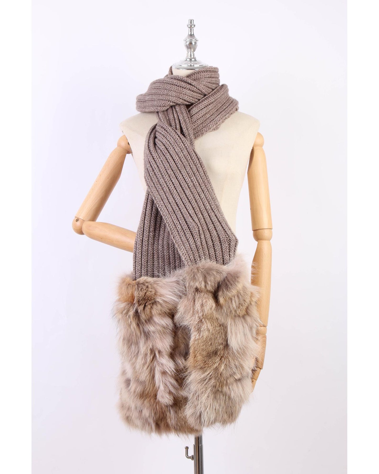 Miu Miu Women's Wool Scarf with Fox Fur Trim in Brown