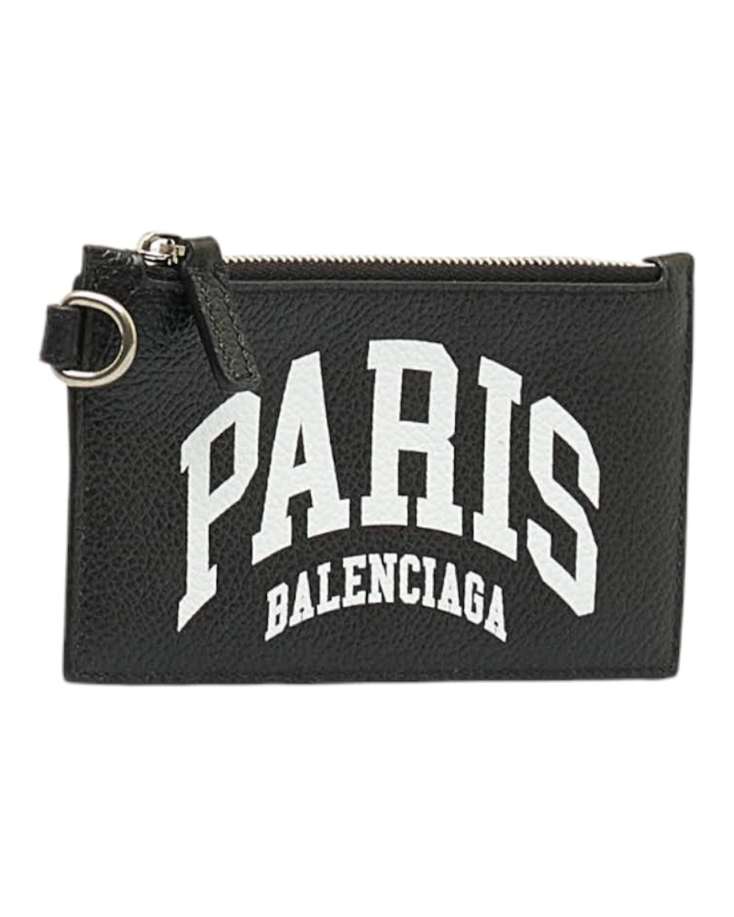 Balenciaga Men's Leather Logo Zip Card Holder Wallet in Black