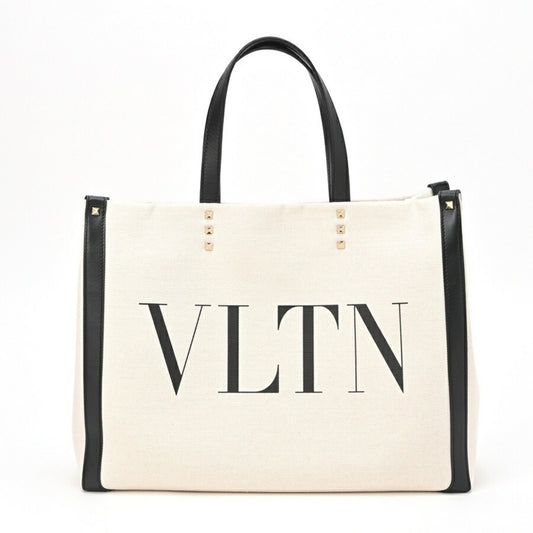 Valentino Garavani Women's Canvas Tote Bag with VLTN Print and Leather Details in Beige