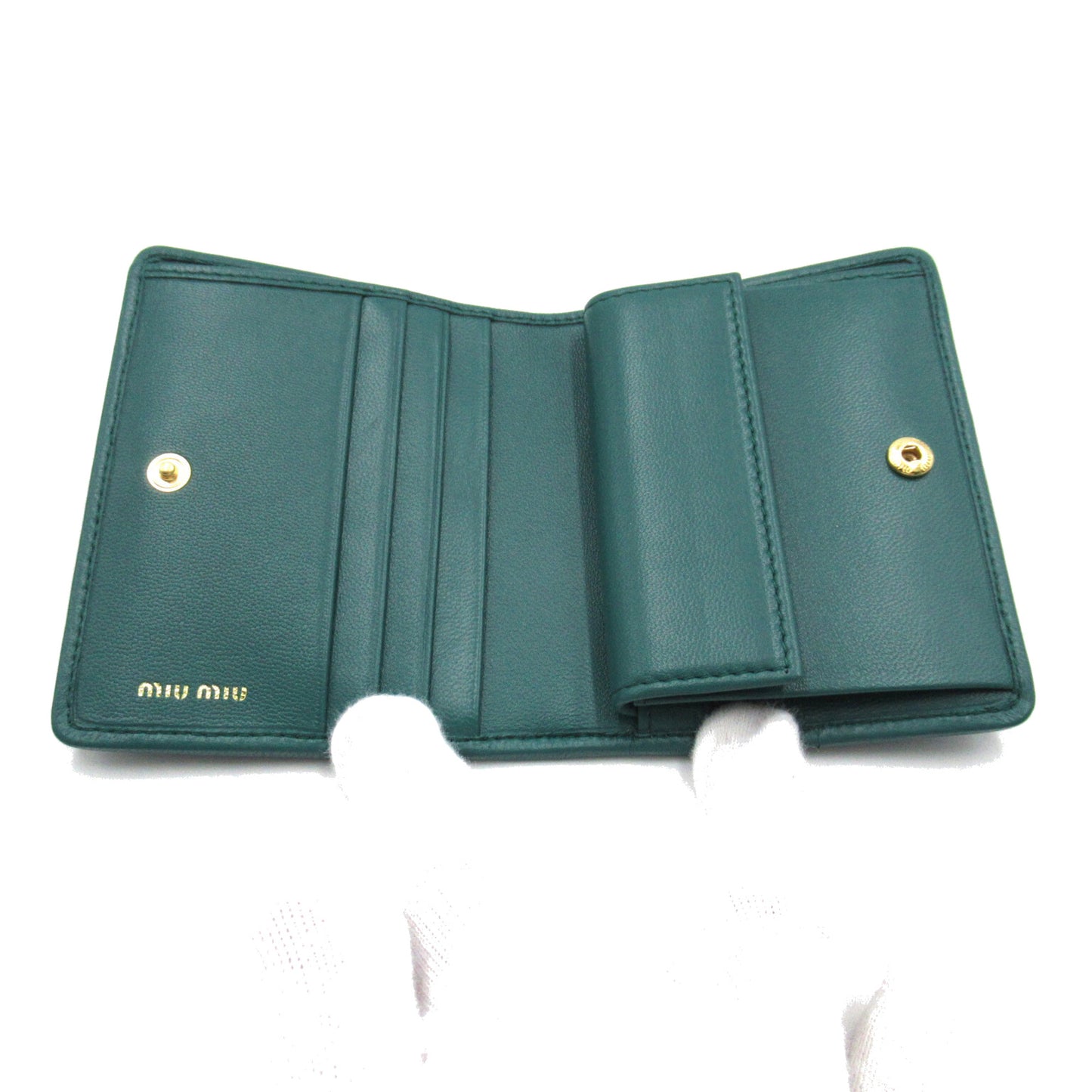 Miu Miu Unisex Green Leather Bifold Wallet with Spacious Interior in Green