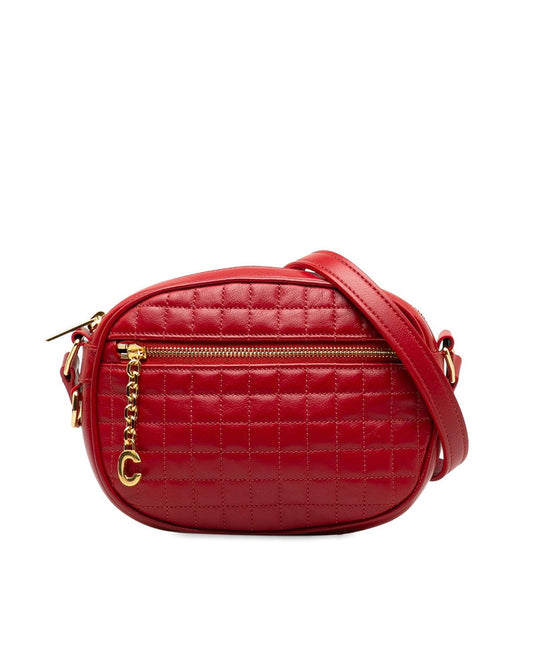 Celine Women's Red Quilted Leather Crossbody Bag with C Charm Detail in Red