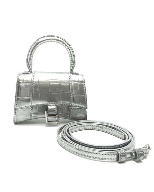 Balenciaga Women's Silver Embossed Leather Mini Hourglass Bag by Balenciaga in Silver