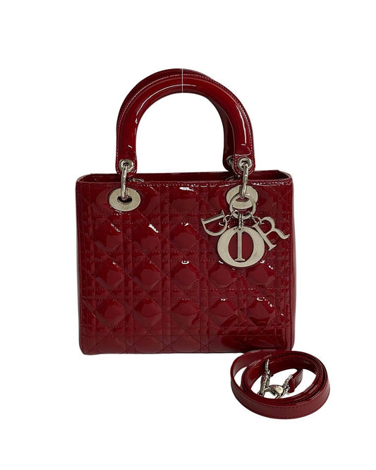Dior Women's Medium Cannage Patent Lady Dior Bag in Red in Red
