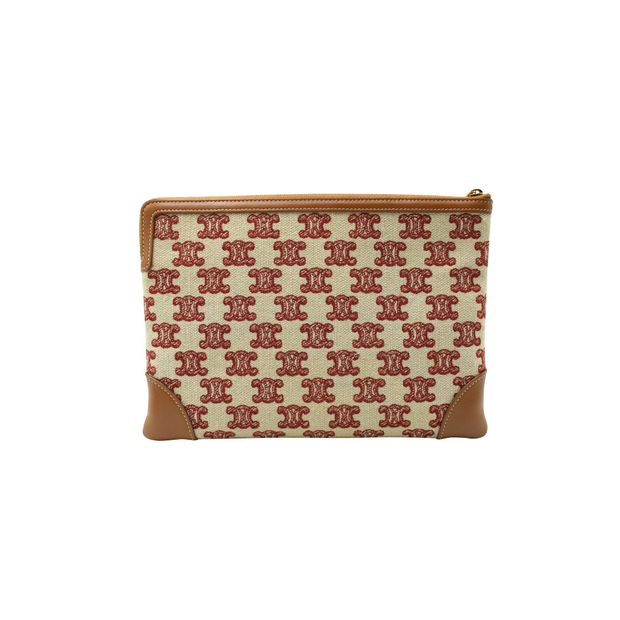 Celine Triomphe Small Zip Pouch in White and Red Canvas