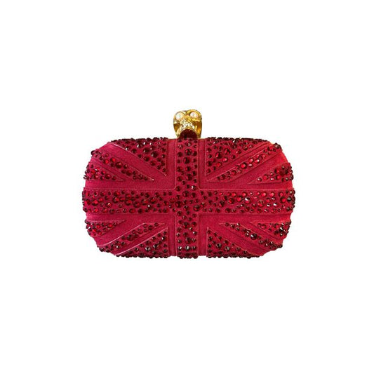 Alexander McQueen Britannia Crystal Embellished Skull Clutch Bag in 'Dark Cherry' Red Suede