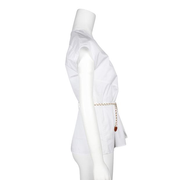 White Cotton Top with a Leather Braided Belt
