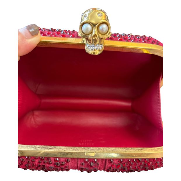 Alexander McQueen Britannia Crystal Embellished Skull Clutch Bag in 'Dark Cherry' Red Suede