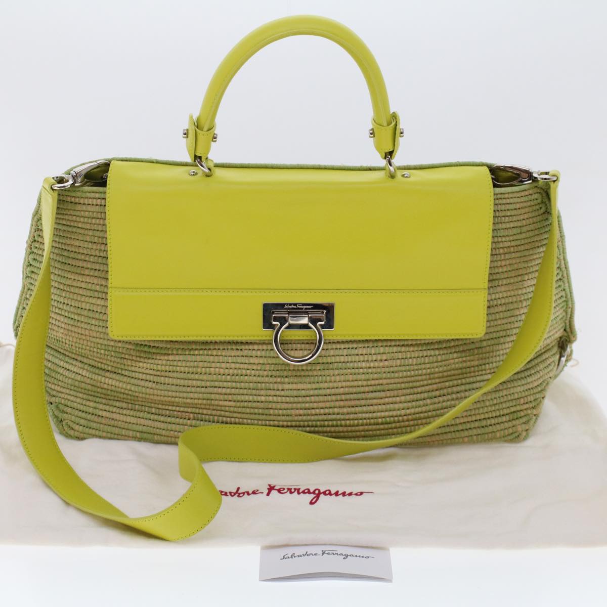 Salvatore Ferragamo Gancini Sophia Shoulder Bag Straw 2way Lime Green Auth 47058