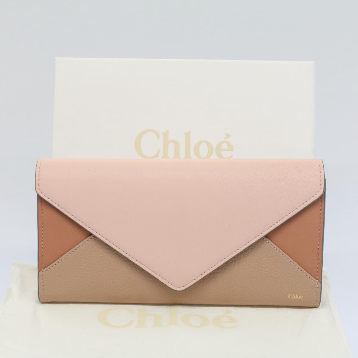 Chloe Long Wallet Leather Beige Pink 3p0171-h0y Auth 55677