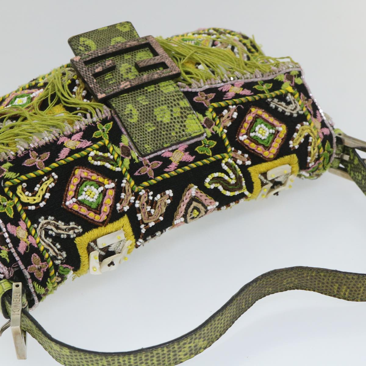 Fendi Snake Mamma Baguette Shoulder Bag Wool Leather Black Green Auth 56581