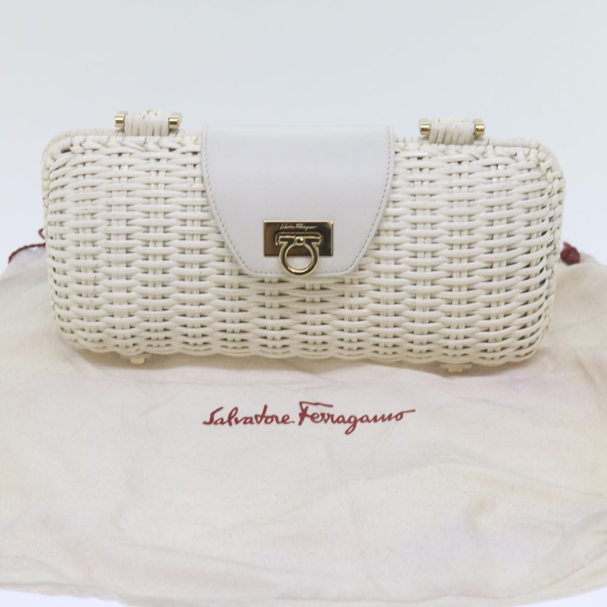 Salvatore Ferragamo Wicker Gancini Hand Bag Wood Leather White Auth 61467a
