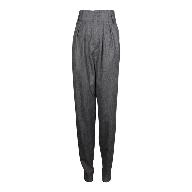 Isabel Marant Pleated High Waist Straight Pants in Grey Virgin Wool