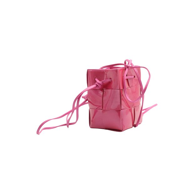 Bottega Veneta Cassette Mini Intrecciato Crossbody in Pink Patent Leather