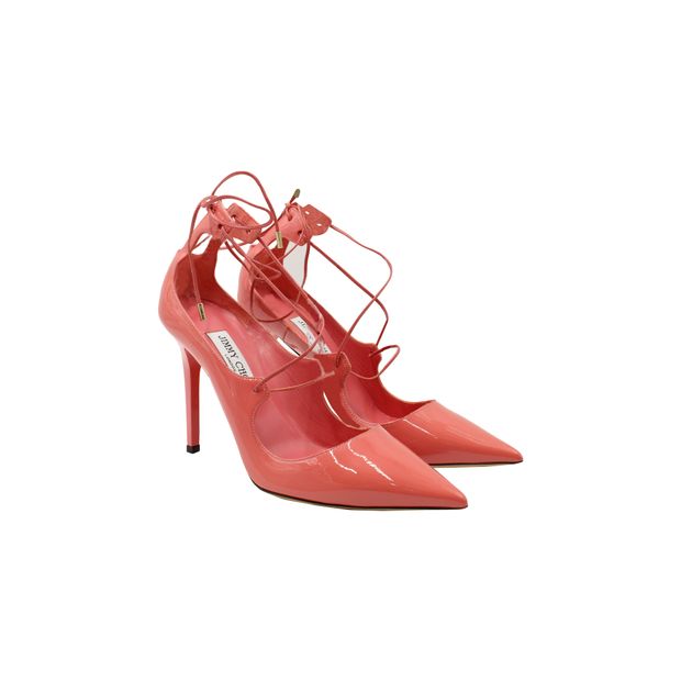 Jimmy Choo Vita 100 Lace Up Pumps in Patent Leather Coral Pink