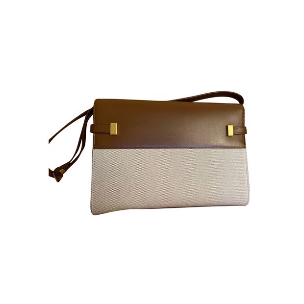 Saint Laurent Manhattan Shoulder Bag in Beige Canvas and Brown Leather