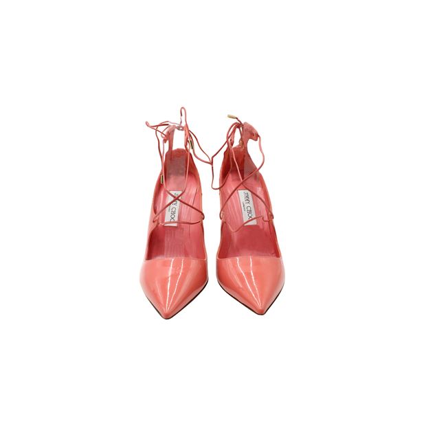 Jimmy Choo Vita 100 Lace Up Pumps in Patent Leather Coral Pink