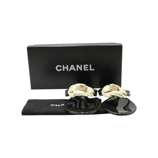 Chanel Camelia Thong Slides in Black Jelly PVC
