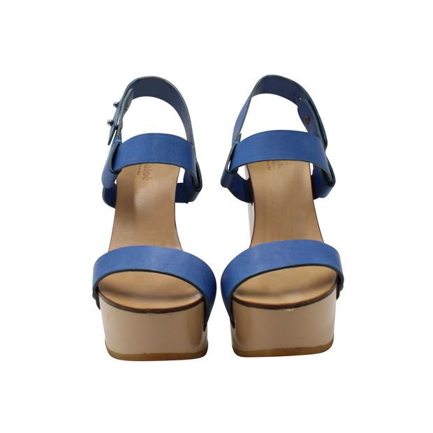 Chloe High Heel Wedge Sandals in Blue Leather