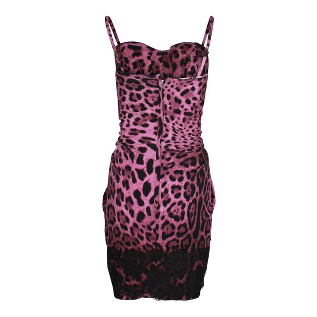 Dolce & Gabbana Leopard Front Drape Mini Dress in Pink Print Cotton Silk