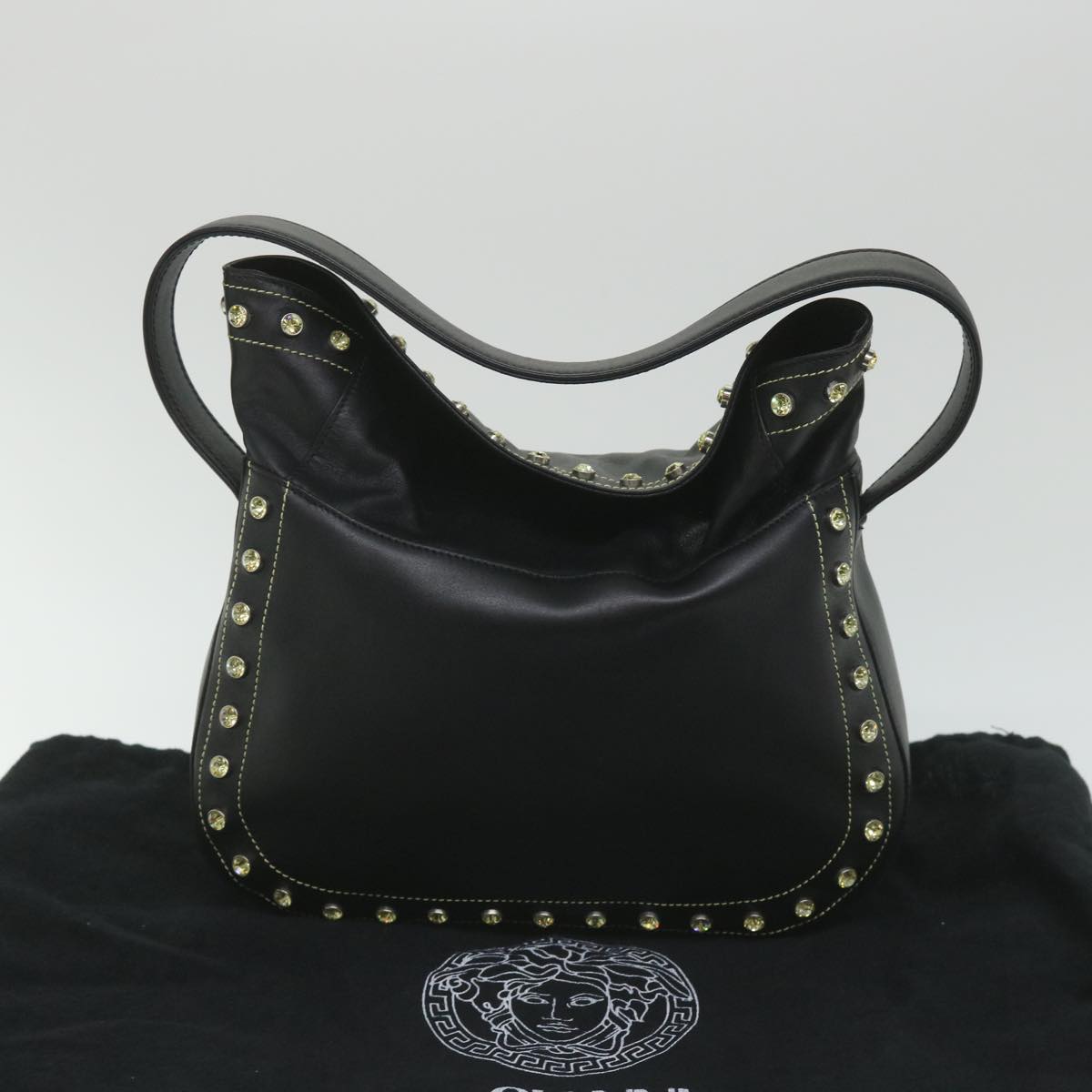 Gianni Versace Shoulder Bag Leather Black Yellow Auth Bs9527