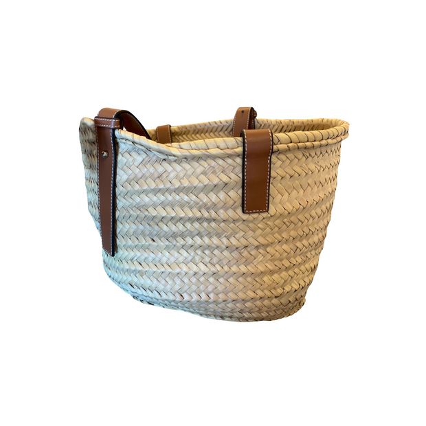 Loewe Small Basket Bag in Beige Raffia and Calfskin Leather
