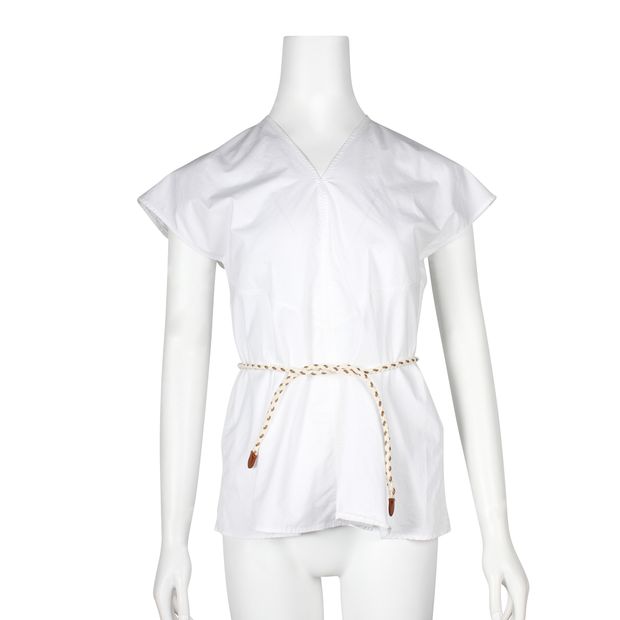 White Cotton Top with a Leather Braided Belt