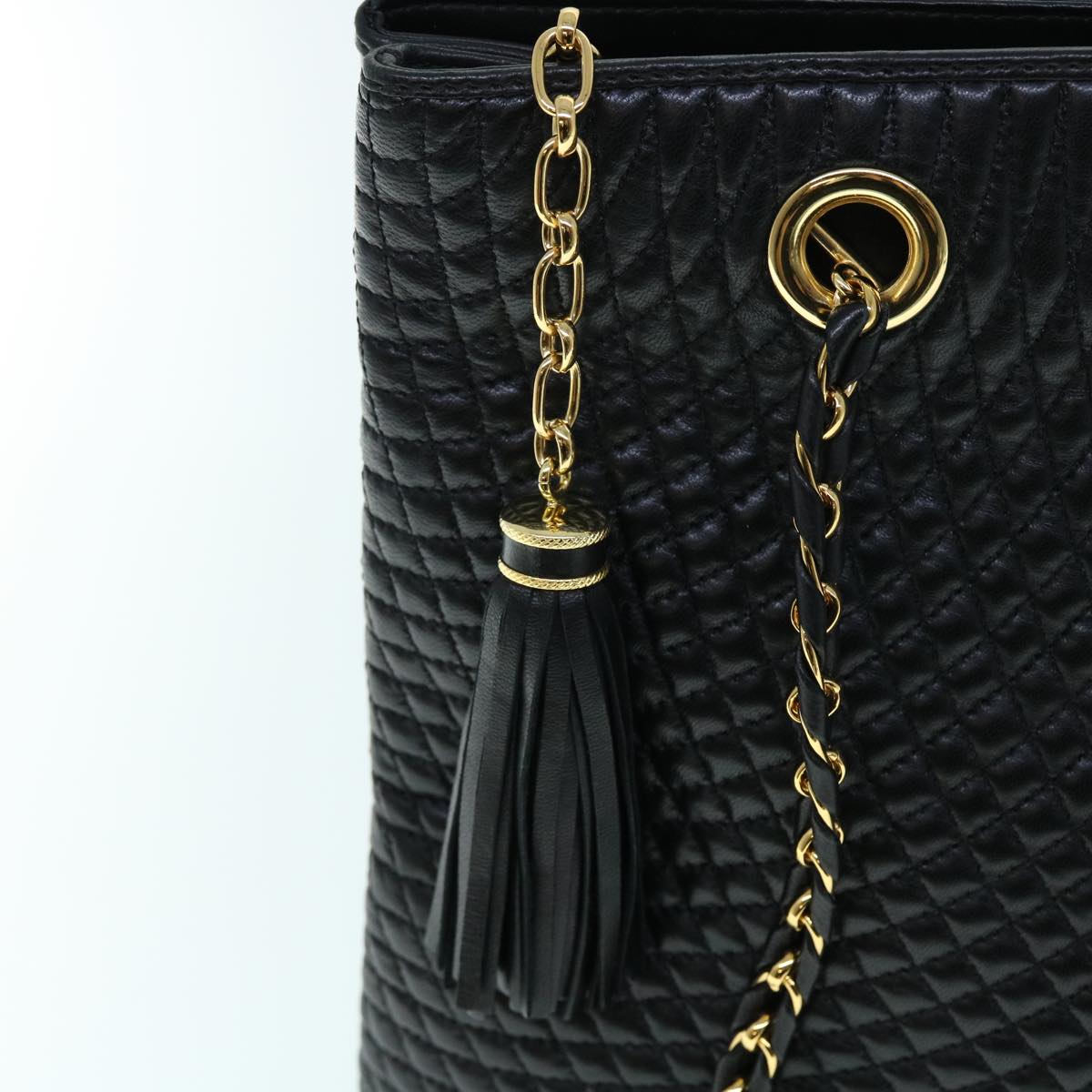 Bally Quilted Fringe Chain Shoulder Bag Leather Black Auth Yk8544