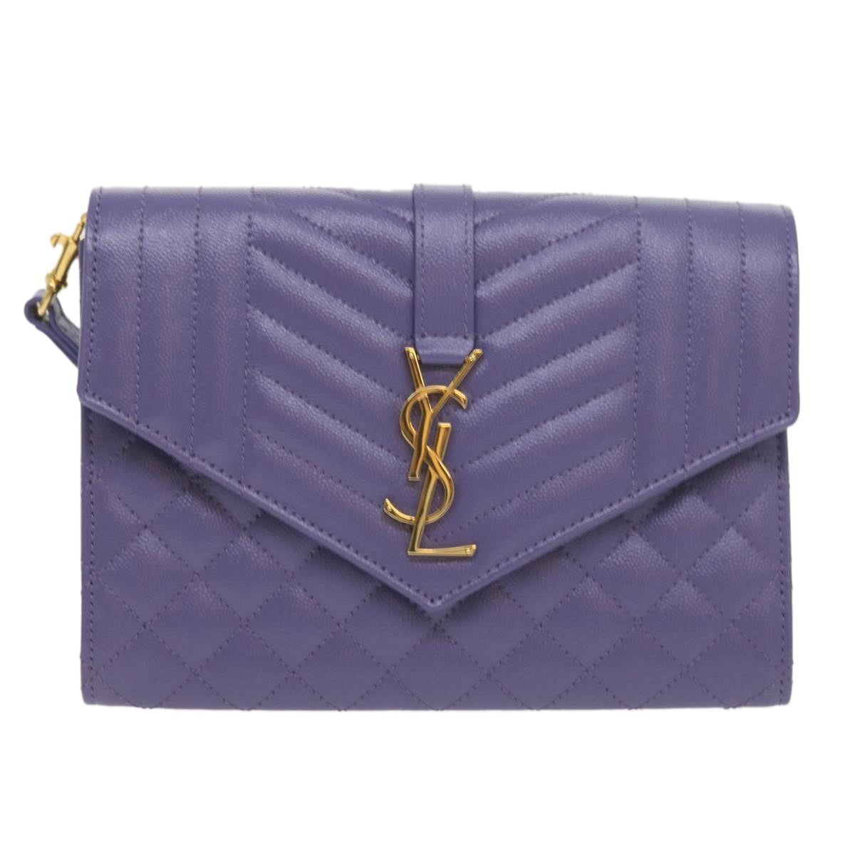 Saint Laurent V Stitch Clutch Bag Leather Purple Auth Yk9445a