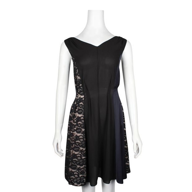 Nina Ricci Black & Blue V-Neck Dress With Lace Side Panels