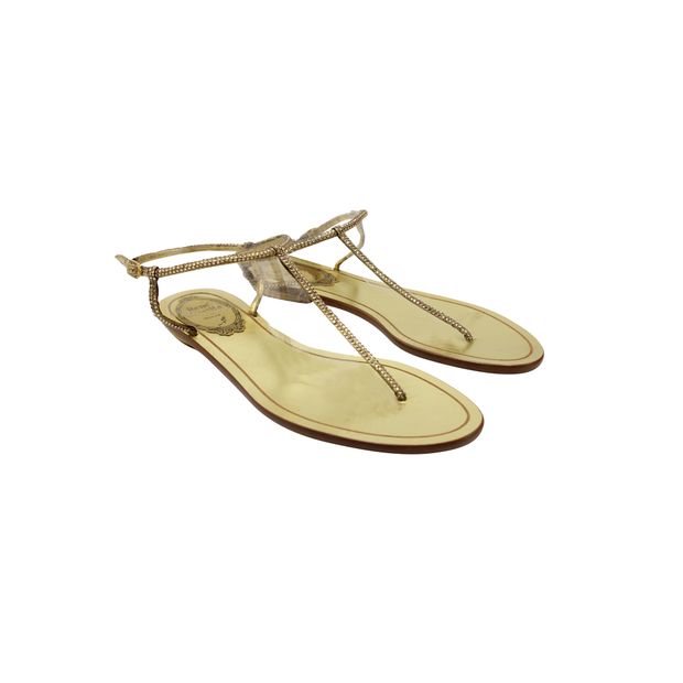 Rene Caovilla Golden Flat Thong Sandals With Rhinestones