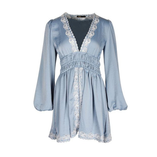 Blue with White Embroidered Mini Dress