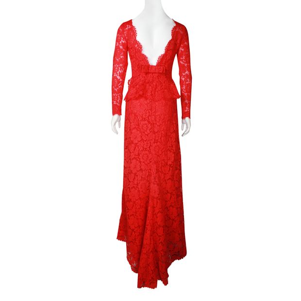 VALENTINO Red Maxi Lace Dress with Ribbon Backless Detail