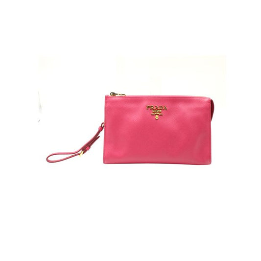 Prada Logo Plaque Clutch Bag in Pink Saffiano Leather