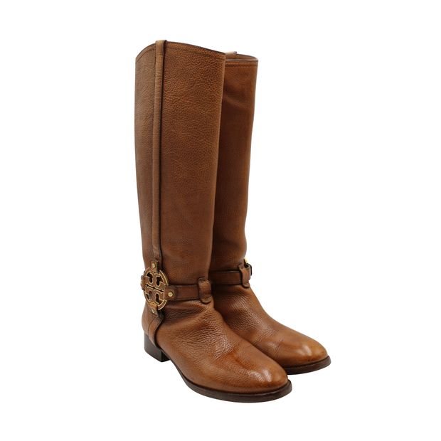 Tory Burch Amanda Riding Boots in Brown Grained Leather