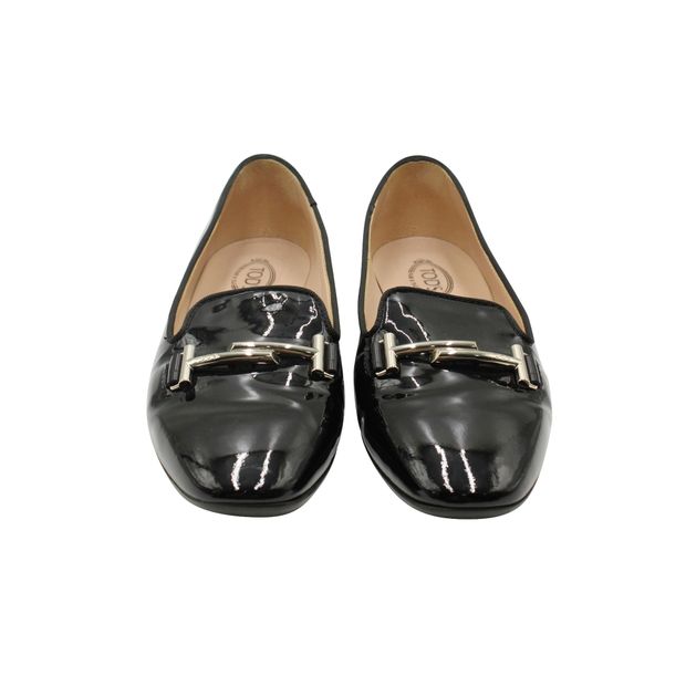 Tod's Double T Flats in Black Patent Leather