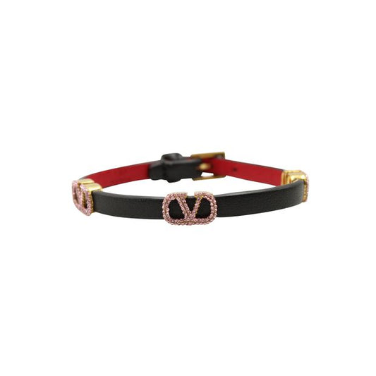 Valentino Garavani Crystal-Embellished VLogo Buckled Bracelet in Black Calfskin Leather
