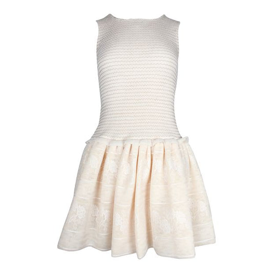 Maje Sleeveless Flared Skirt Mini Dress in Cream Polyester