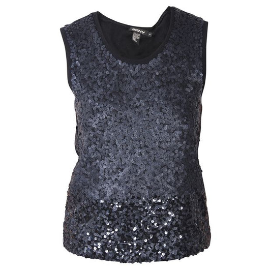 CONTEMPORARY DESIGNER DKNY Black Knit Top with Sequins