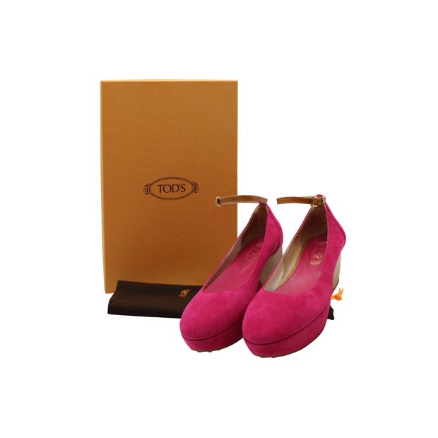 Tod's Ankle Strap Wedge Sandals in Pink Suede