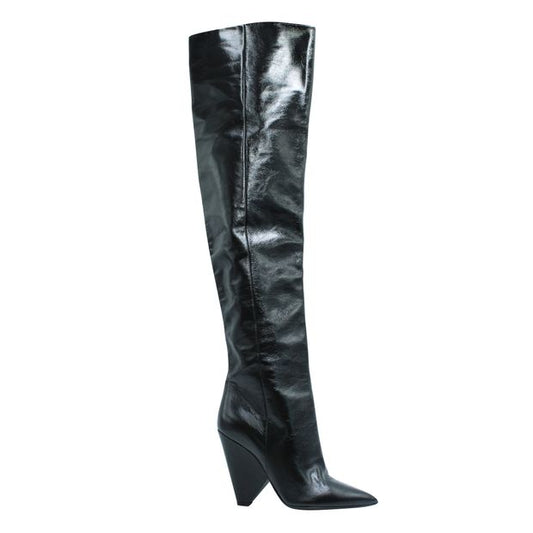 Saint Laurent Black Shinny Leather Over The Knee Black Boots