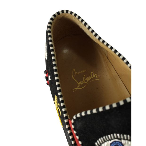 Christian Louboutin Embroidered Slip On Sneakers in Black Suede