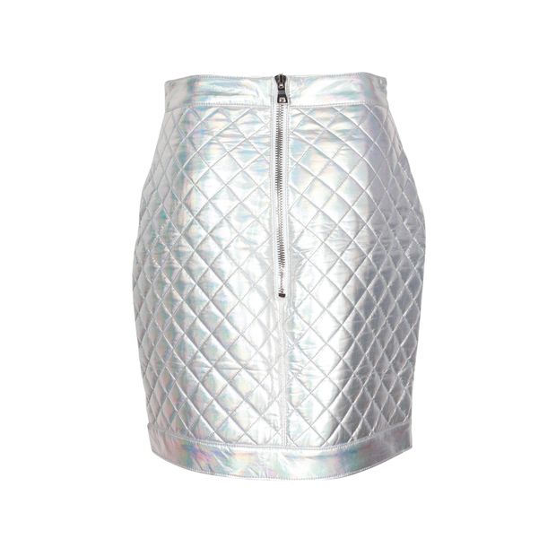 Balmain Metallic Holographic Quilted Mini Skirt in Silver Polyester