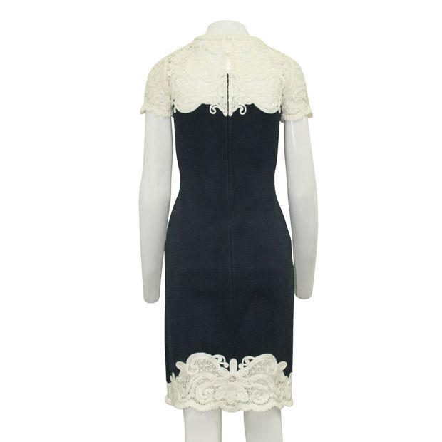 Oscar De La Renta Navy Blue Slim Fit Dress With Cream Embroidery